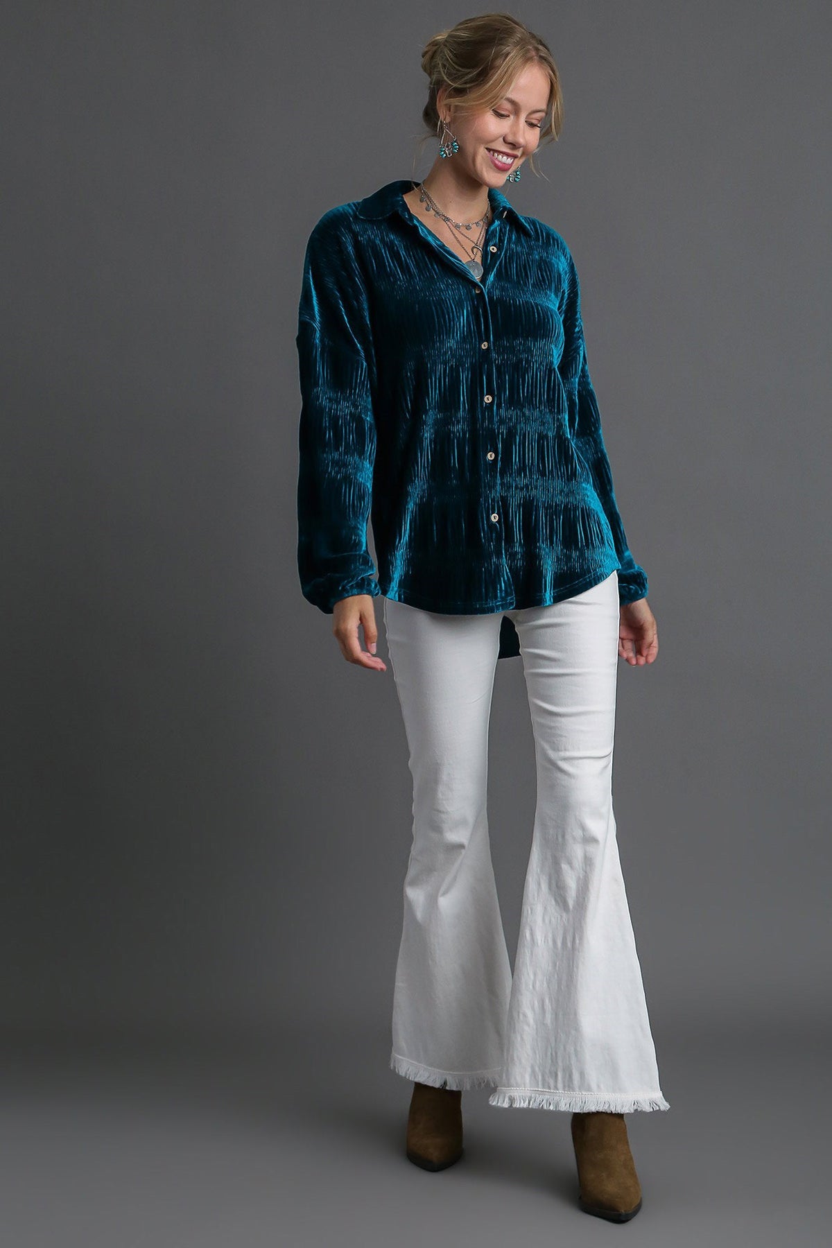 Umgee Ruched Tiered Button Up Shirt - Mervyns