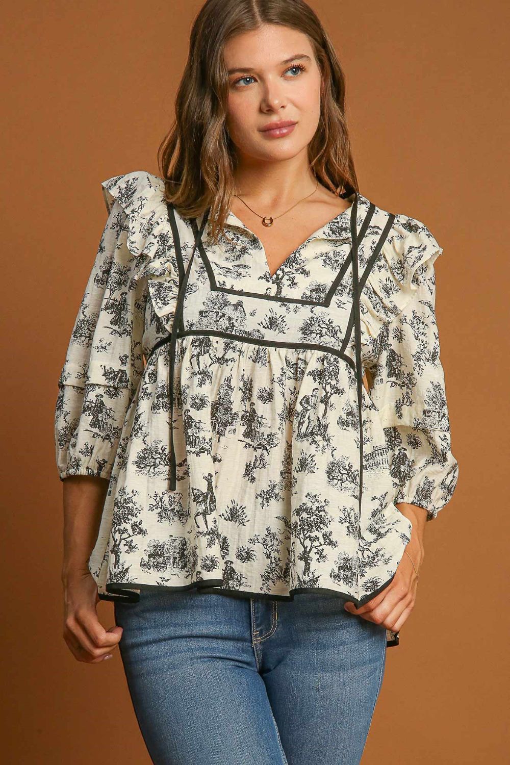 Umgee Ruffled Tie Neck Puff Sleeve Babydoll Blouse - Mervyns