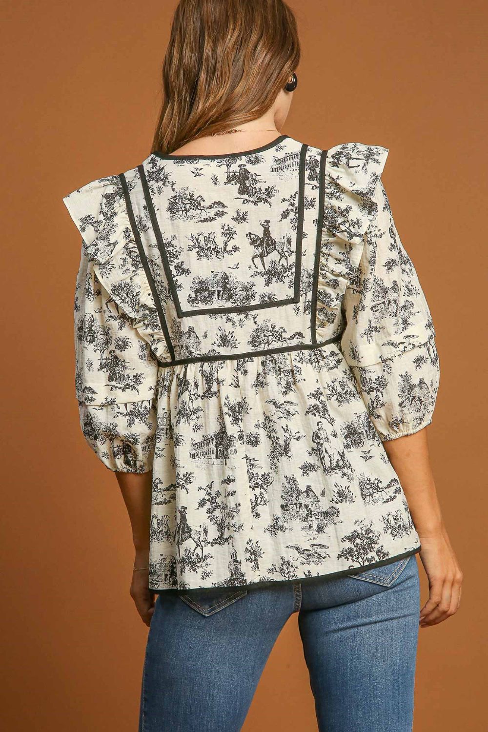 Umgee Ruffled Tie Neck Puff Sleeve Babydoll Blouse - Mervyns