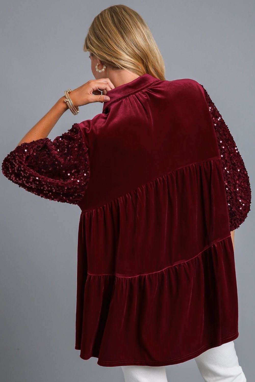 Umgee Sequin Detail Tiered Back Half Sleeve Shirt - Mervyns