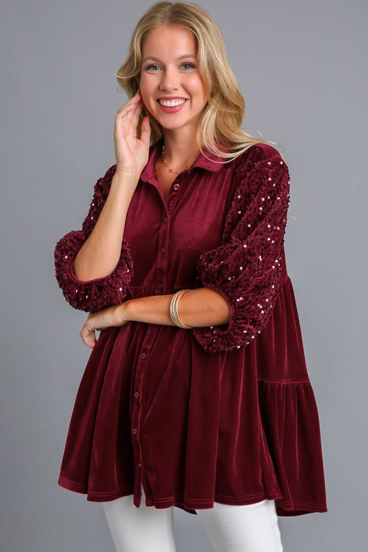 Umgee Sequin Detail Tiered Back Half Sleeve Shirt - Mervyns