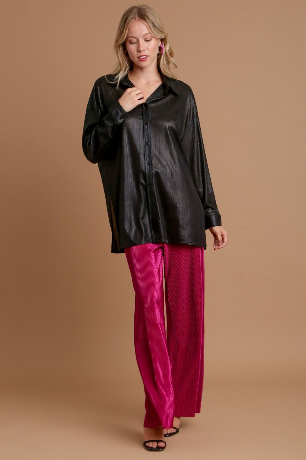 Umgee Side Slit Button Up Long Sleeve Shirt - Mervyns