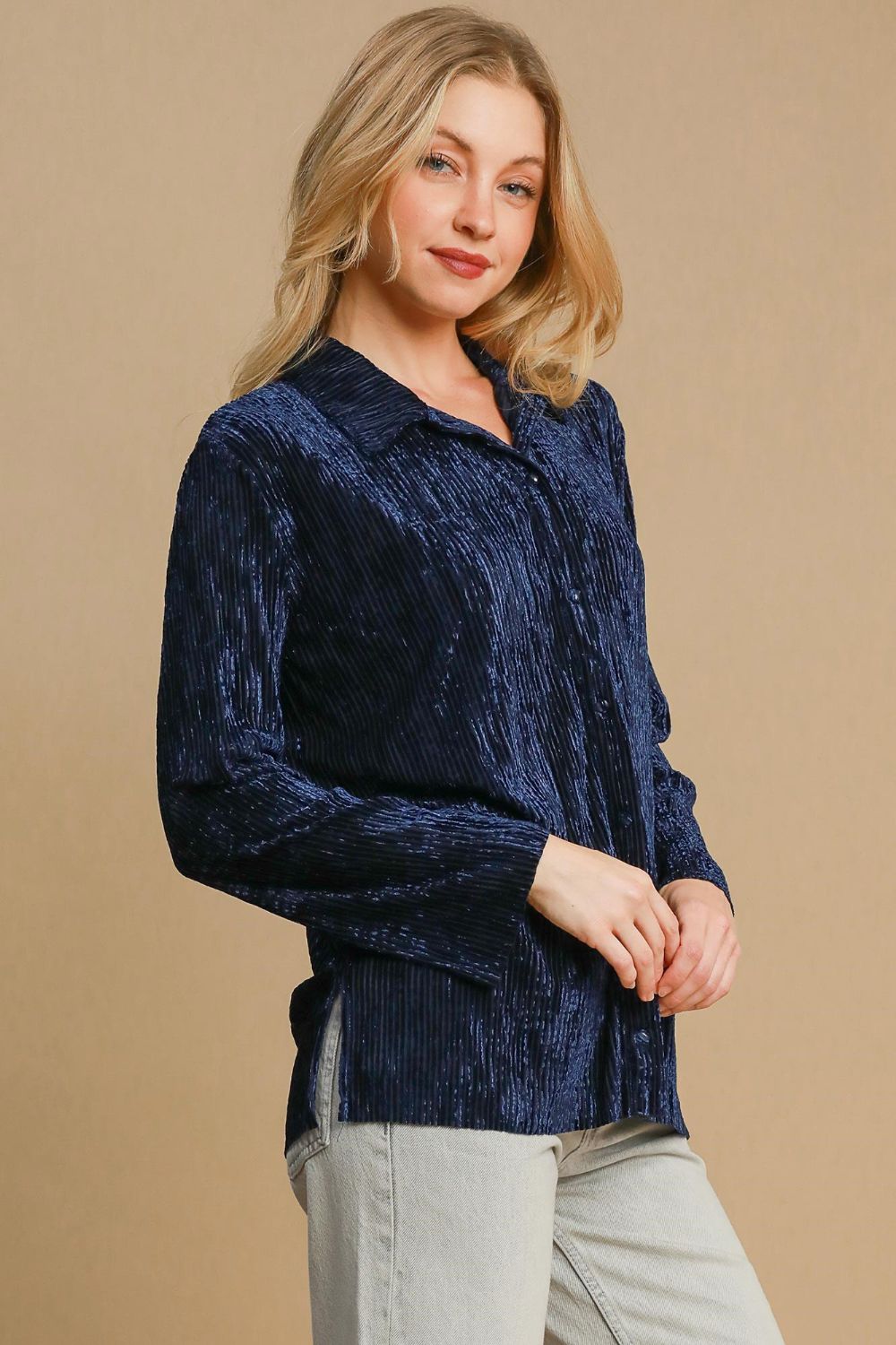 Umgee Side Slit Texture Button Up Shirt - Mervyns