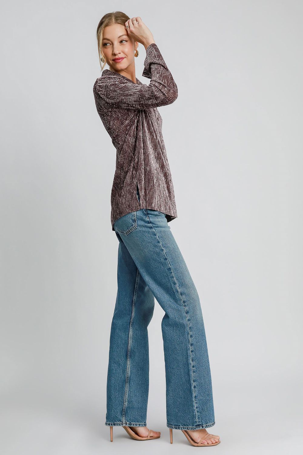 Umgee Side Slit Texture Button Up Shirt - Mervyns