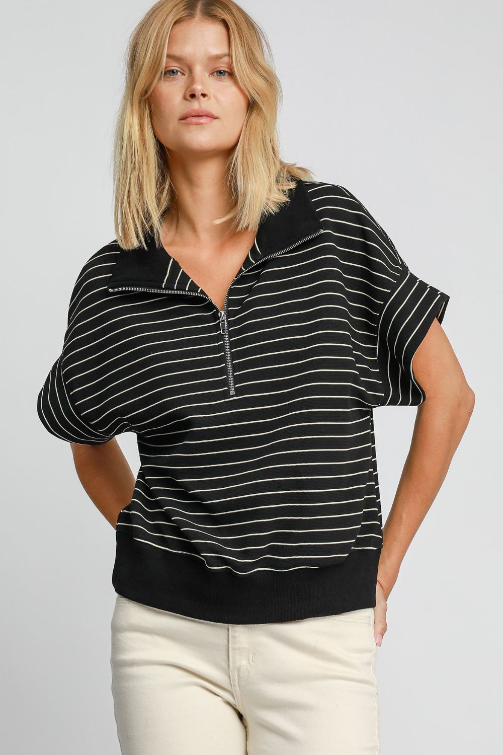 Umgee Striped Half Zip Short Sleeve Sweatshirt - Mervyns