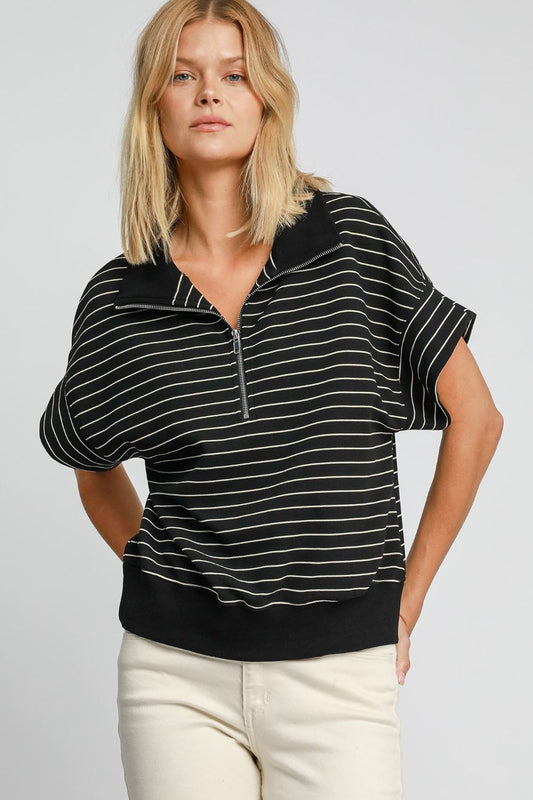 Umgee Striped Half Zip Short Sleeve Sweatshirt - Mervyns