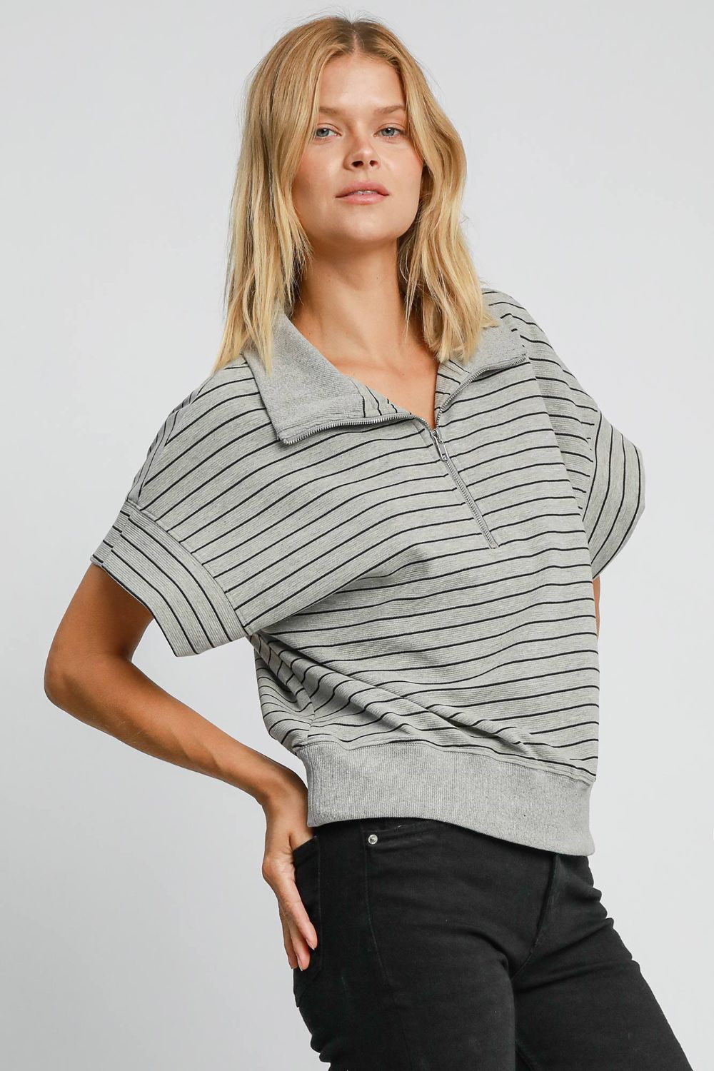 Umgee Striped Half Zip Short Sleeve Sweatshirt - Mervyns