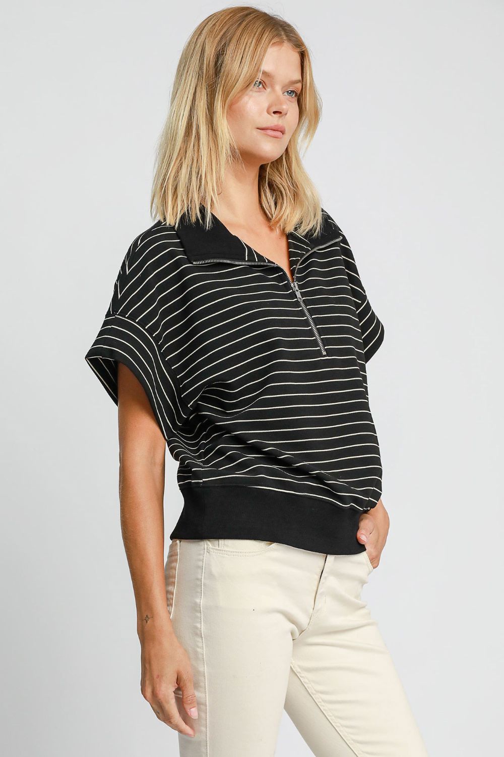 Umgee Striped Half Zip Short Sleeve Sweatshirt - Mervyns