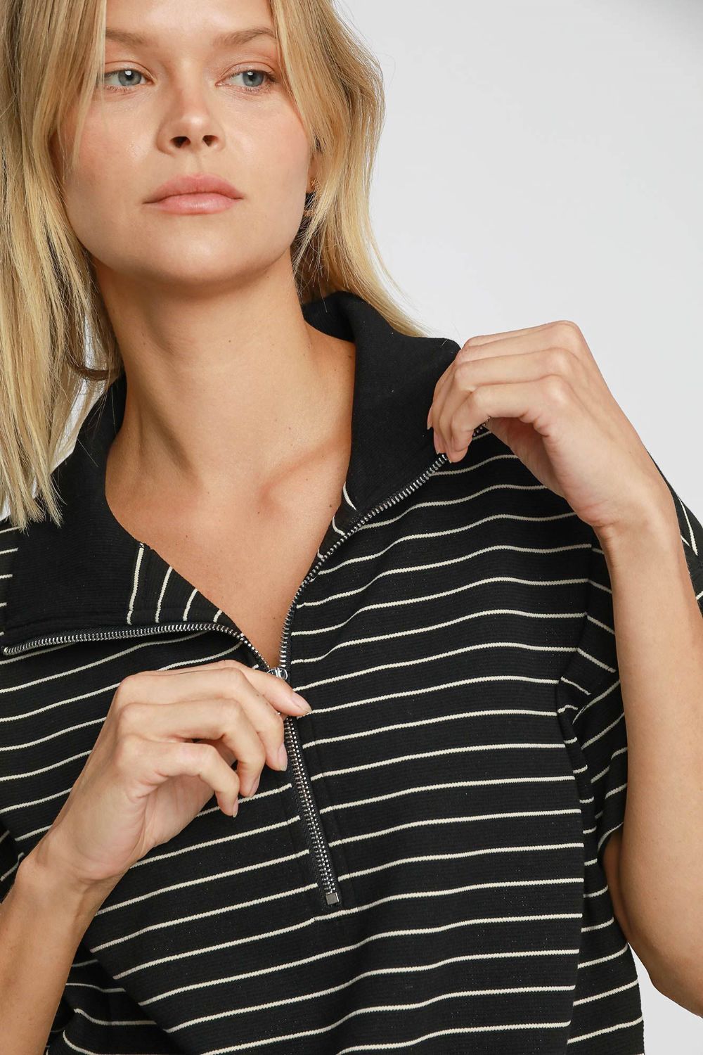 Umgee Striped Half Zip Short Sleeve Sweatshirt - Mervyns