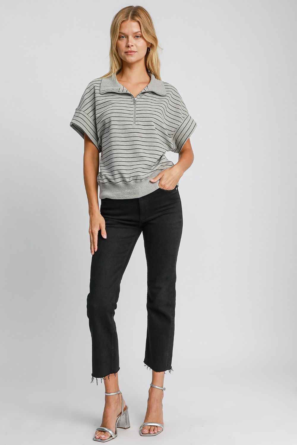 Umgee Striped Half Zip Short Sleeve Sweatshirt - Mervyns