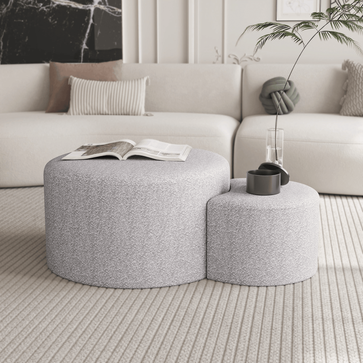 Upholstered Nesting Coffee Tables (Set of 2), Side Table, Footrest, Ottoman & Seat for Living Room Bedroom Entryway Office, Beige Yarn Dyed Fabric - Mervyns