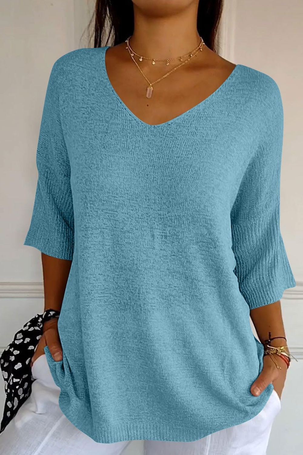 V-Neck Three-Quarter Sleeve Knit Top - Mervyns