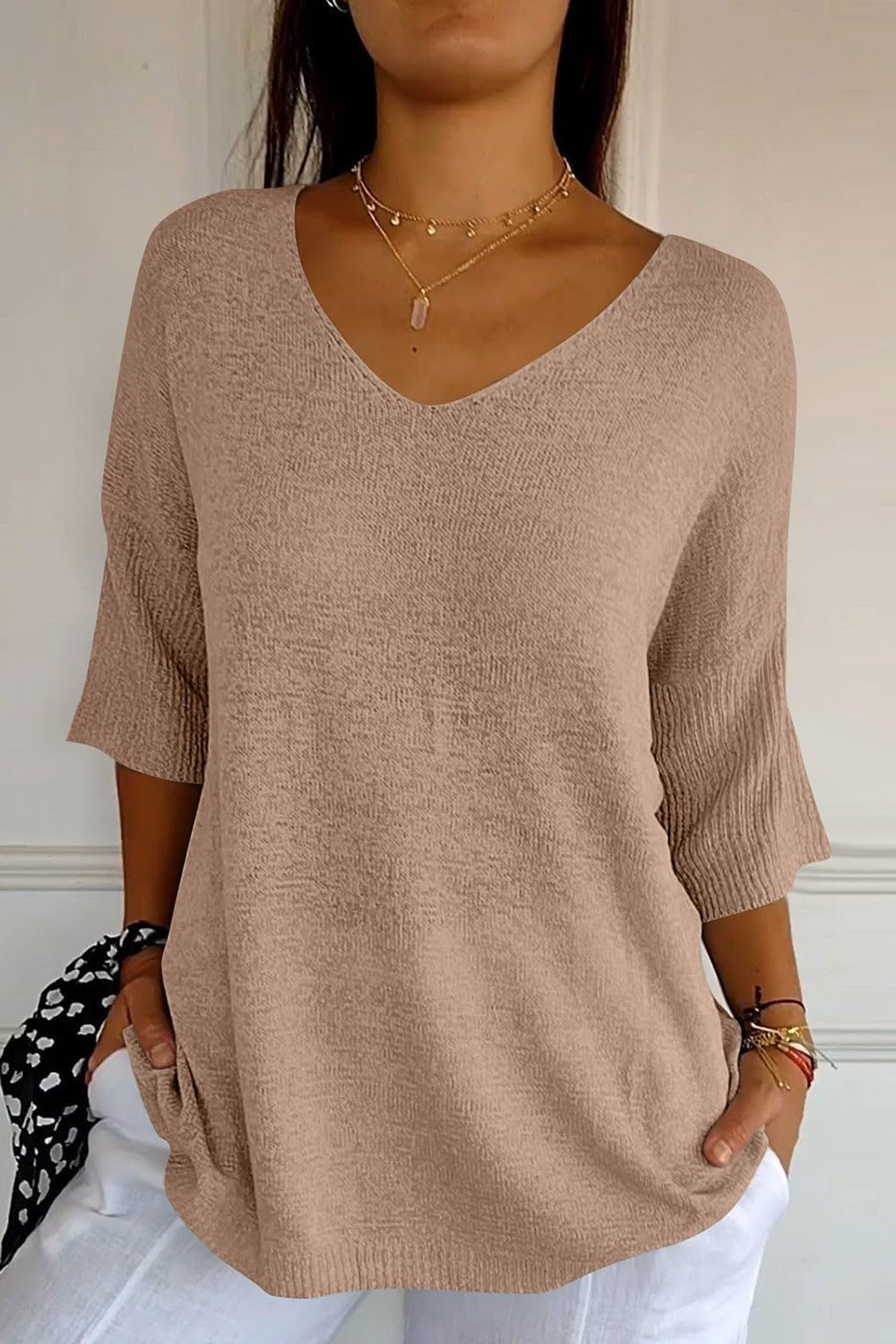 V-Neck Three-Quarter Sleeve Knit Top - Mervyns
