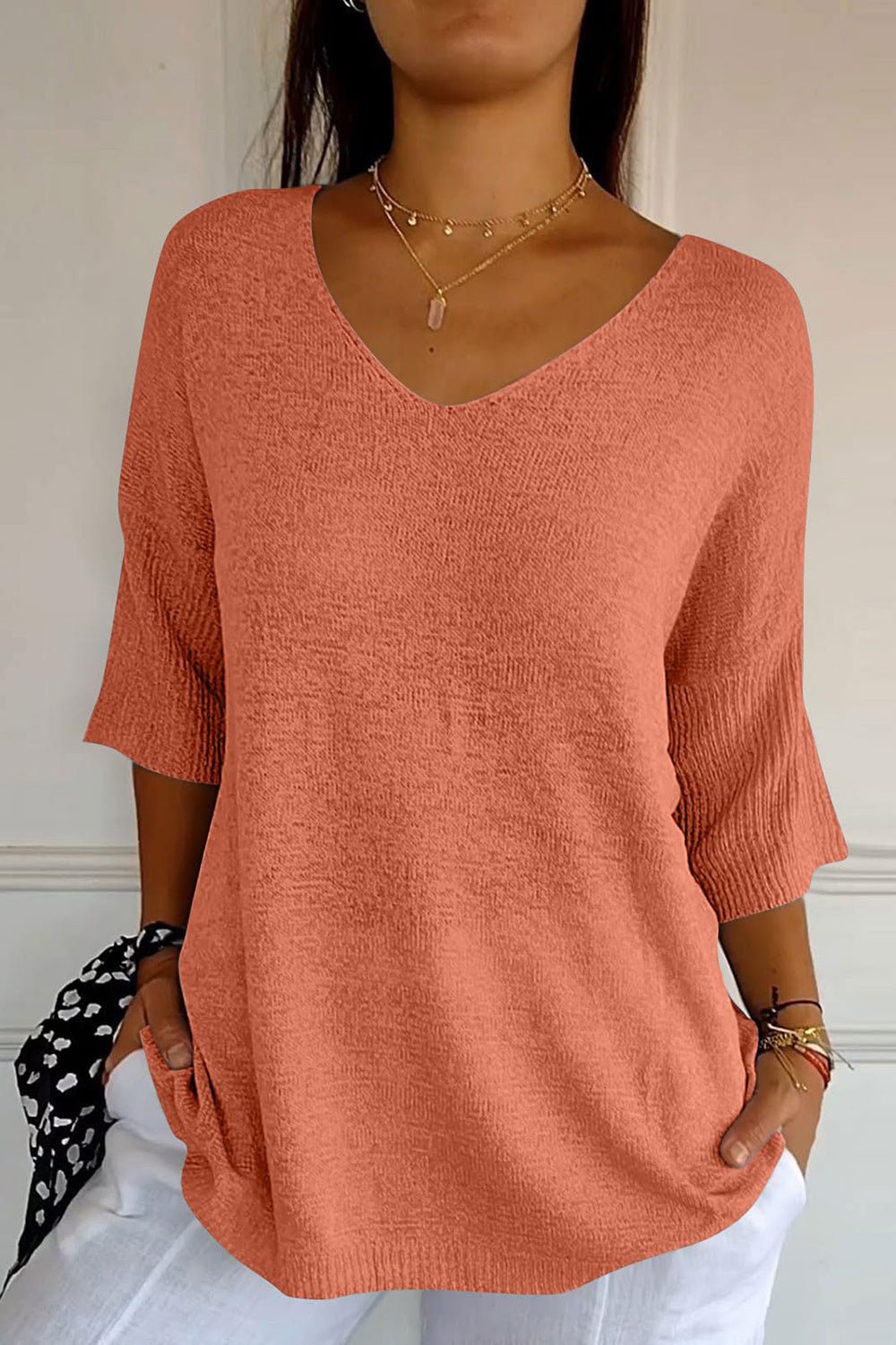V-Neck Three-Quarter Sleeve Knit Top - Mervyns