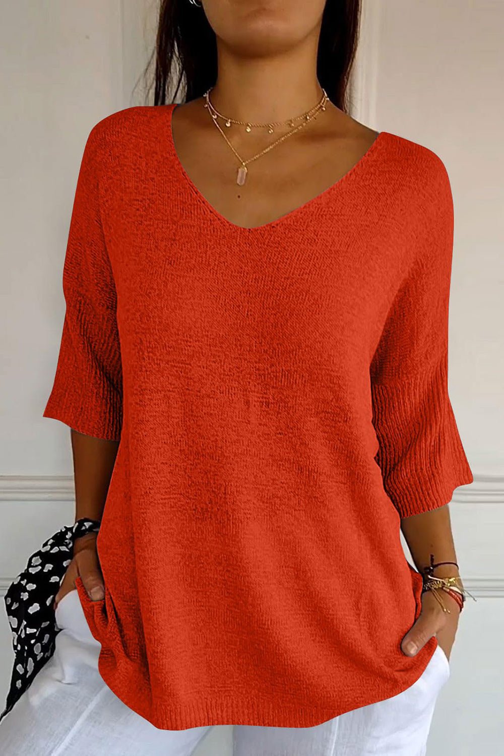 V-Neck Three-Quarter Sleeve Knit Top - Mervyns