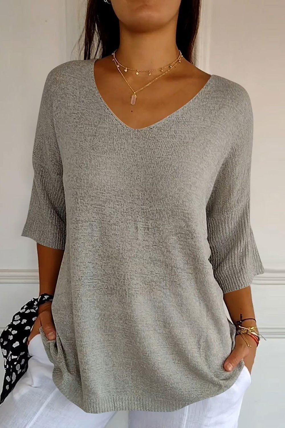 V-Neck Three-Quarter Sleeve Knit Top - Mervyns