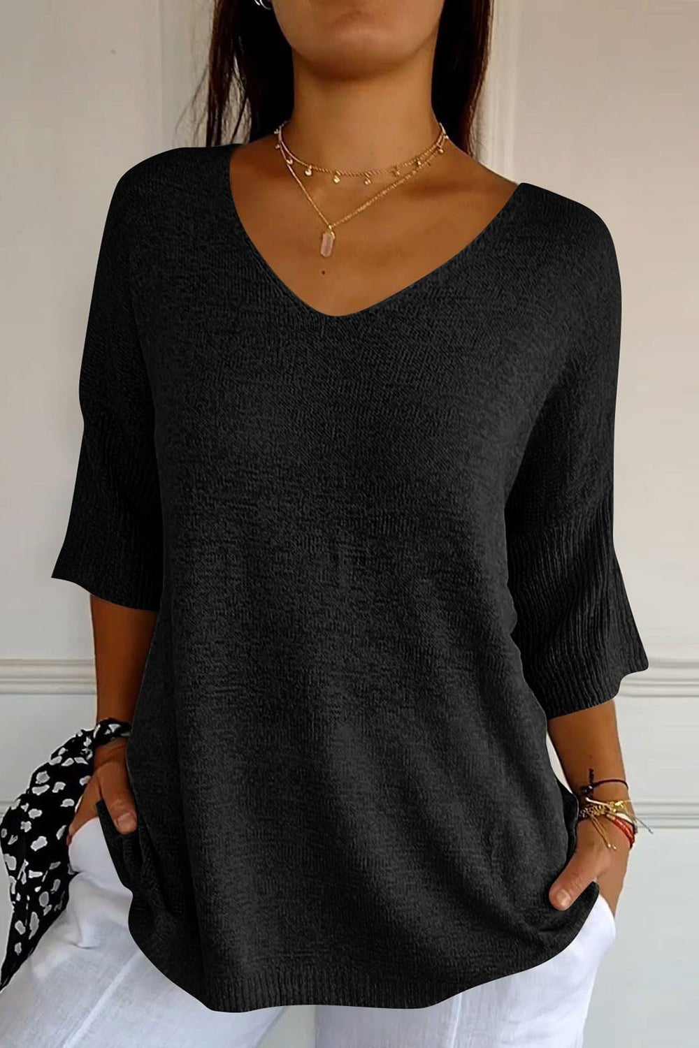 V-Neck Three-Quarter Sleeve Knit Top - Mervyns