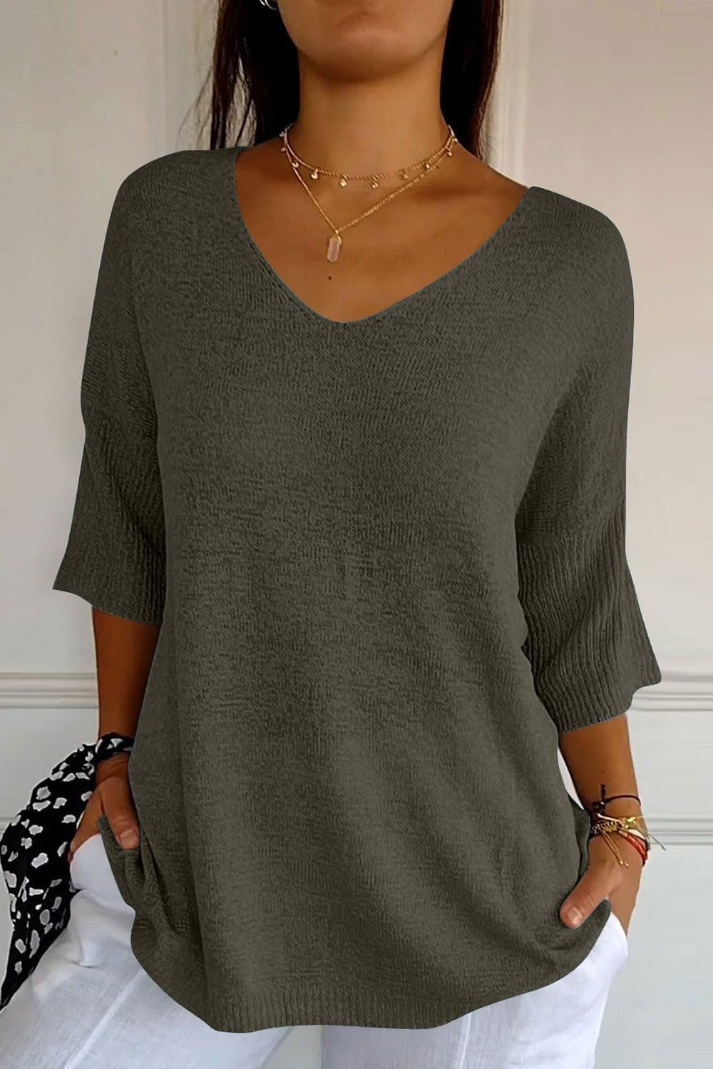 V-Neck Three-Quarter Sleeve Knit Top - Mervyns