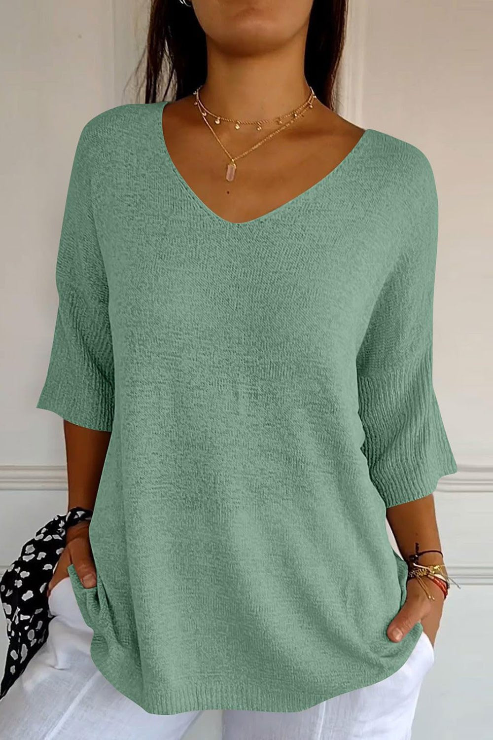V-Neck Three-Quarter Sleeve Knit Top - Mervyns