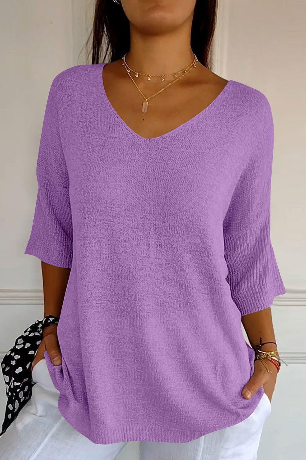 V-Neck Three-Quarter Sleeve Knit Top - Mervyns