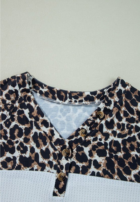 Waffle-Knit Leopard V-Neck Long Sleeve Blouse - Mervyns