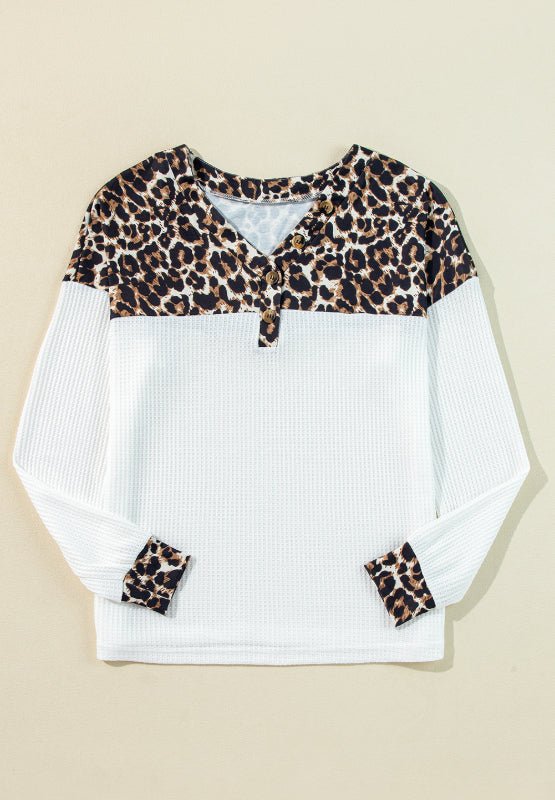 Waffle-Knit Leopard V-Neck Long Sleeve Blouse - Mervyns