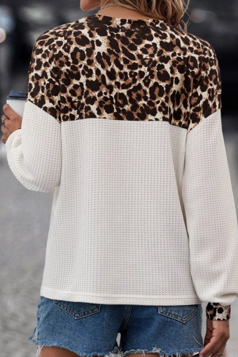 Waffle-Knit Leopard V-Neck Long Sleeve Blouse - Mervyns