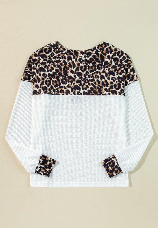 Waffle-Knit Leopard V-Neck Long Sleeve Blouse - Mervyns
