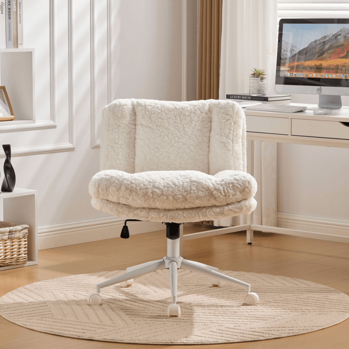 Wider Seat Office Chair Artificial Rabbit Hair Home Office Chair with Metal Base - Mervyns