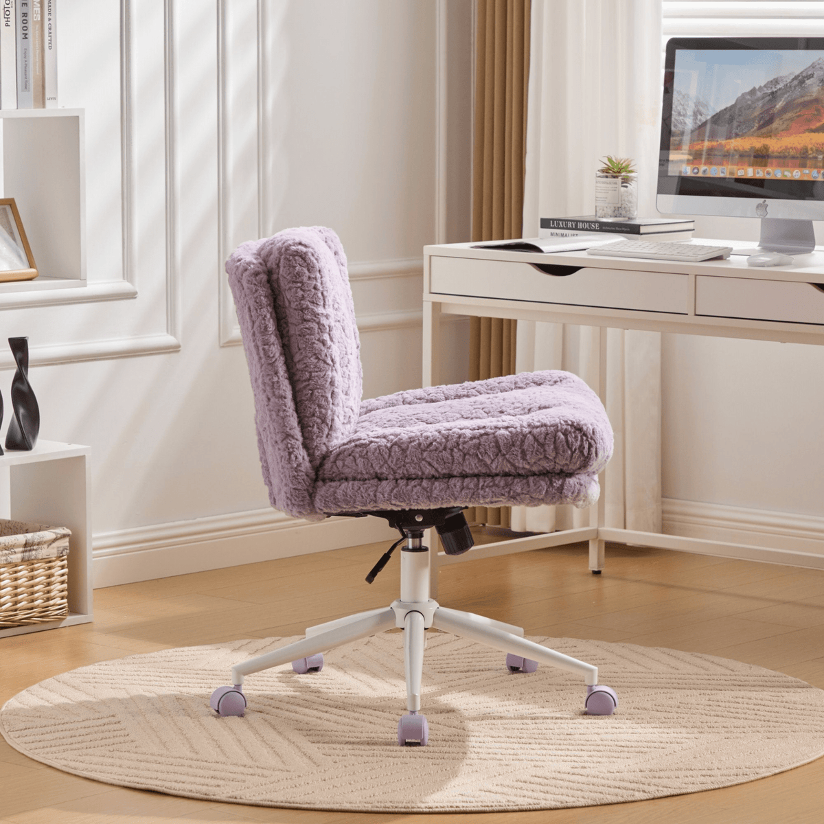 Wider Seat Office Chair Artificial Rabbit Hair Home Office Chair with Metal Base - Mervyns