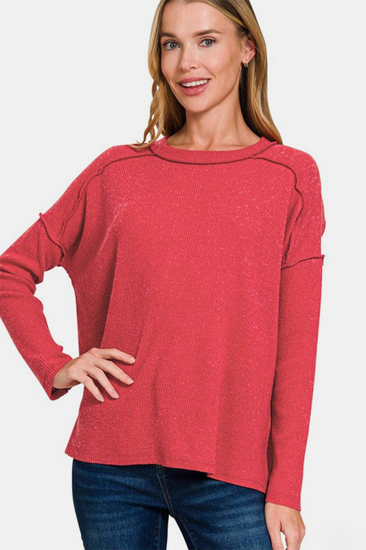 Zenana Full Size Exposed Seam Brushed Round Neck Sweater - Mervyns