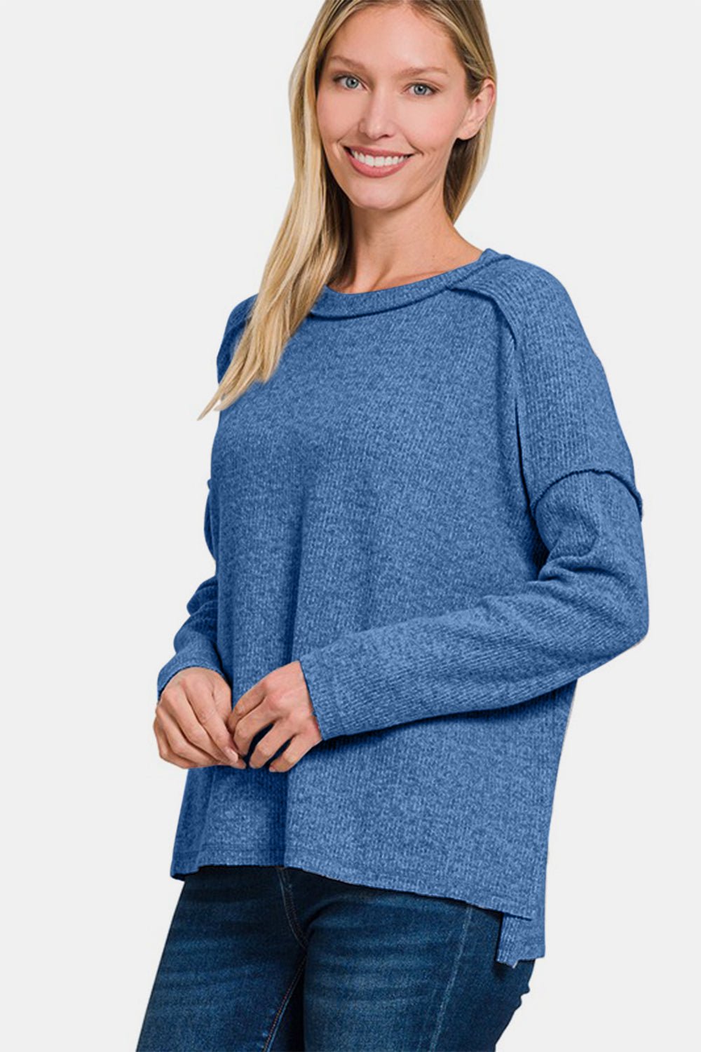 Zenana Full Size Exposed Seam Brushed Round Neck Sweater - Mervyns