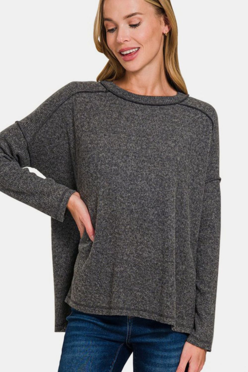 Zenana Full Size Exposed Seam Brushed Round Neck Sweater - Mervyns