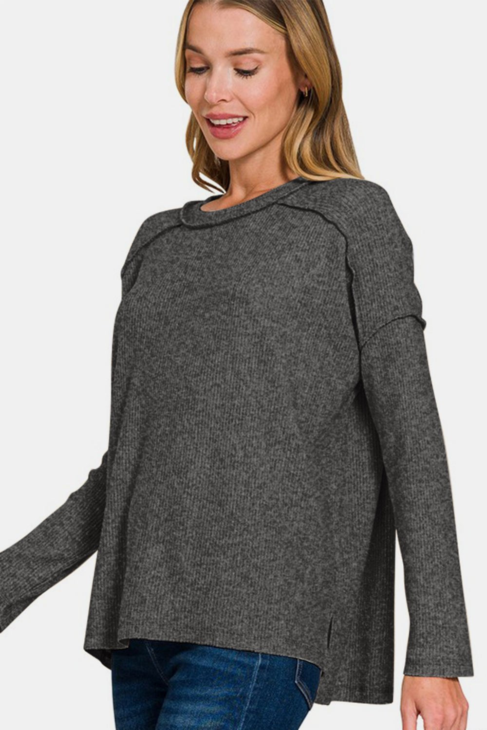 Zenana Full Size Exposed Seam Brushed Round Neck Sweater - Mervyns