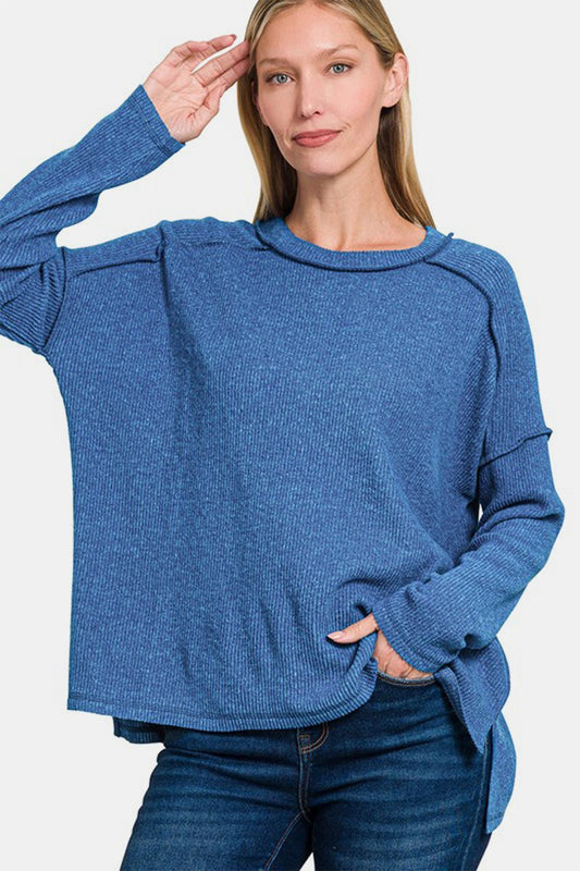 Zenana Full Size Exposed Seam Brushed Round Neck Sweater - Mervyns