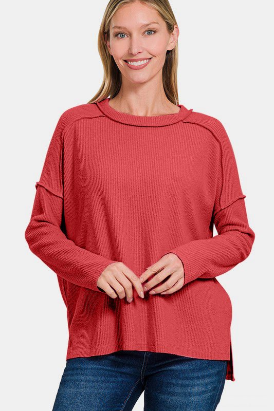 Zenana Full Size Exposed Seam Brushed Round Neck Sweater - Mervyns