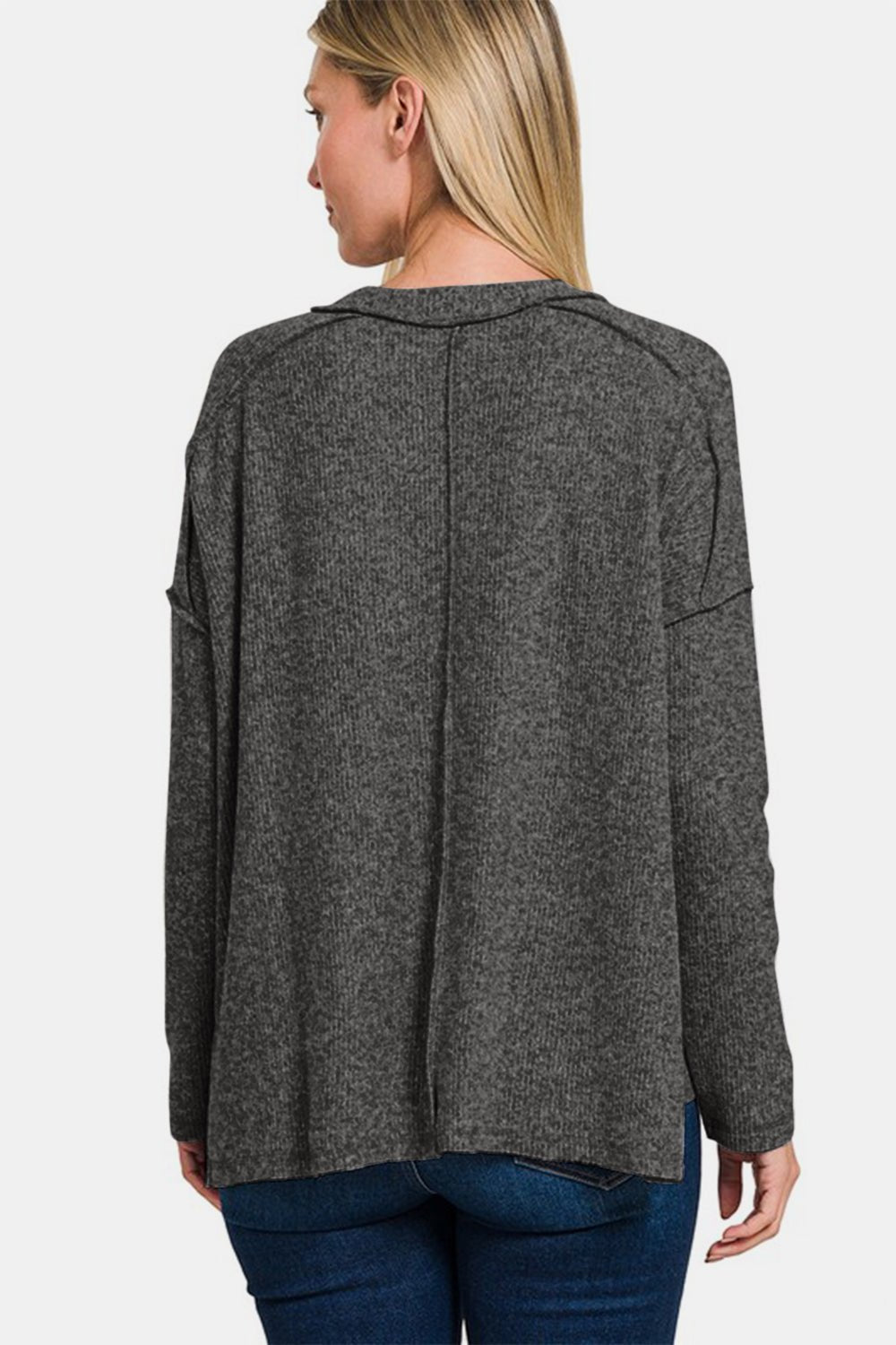 Zenana Full Size Exposed Seam Brushed Round Neck Sweater - Mervyns