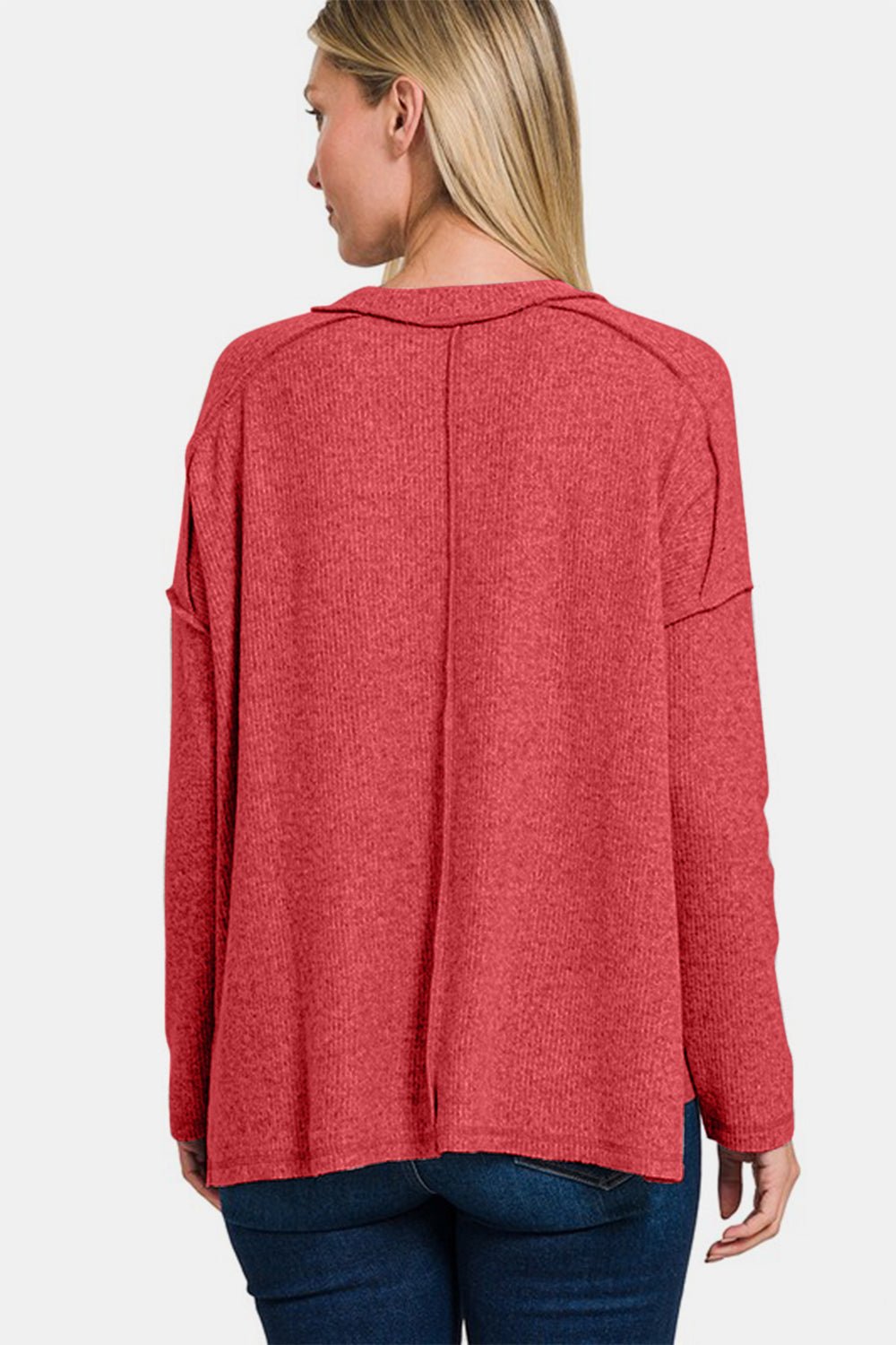 Zenana Full Size Exposed Seam Brushed Round Neck Sweater - Mervyns