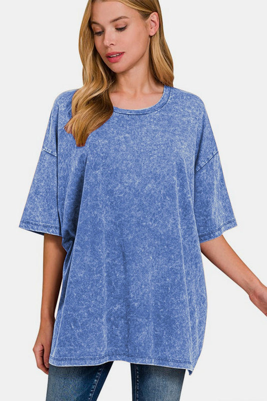 Zenana Full Size Washed Round Neck Drop Shoulder Oversized T-Shirt - Mervyns