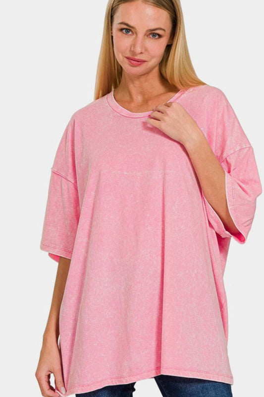 Zenana Full Size Washed Round Neck Drop Shoulder Oversized T-Shirt - Mervyns