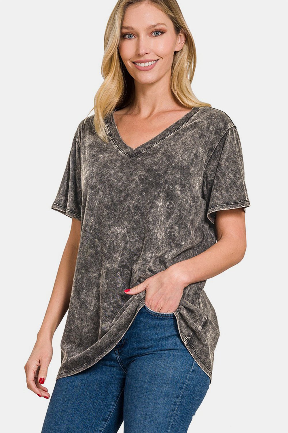 Zenana Full Size Washed Short Sleeve V-Neck T-Shirt - Mervyns