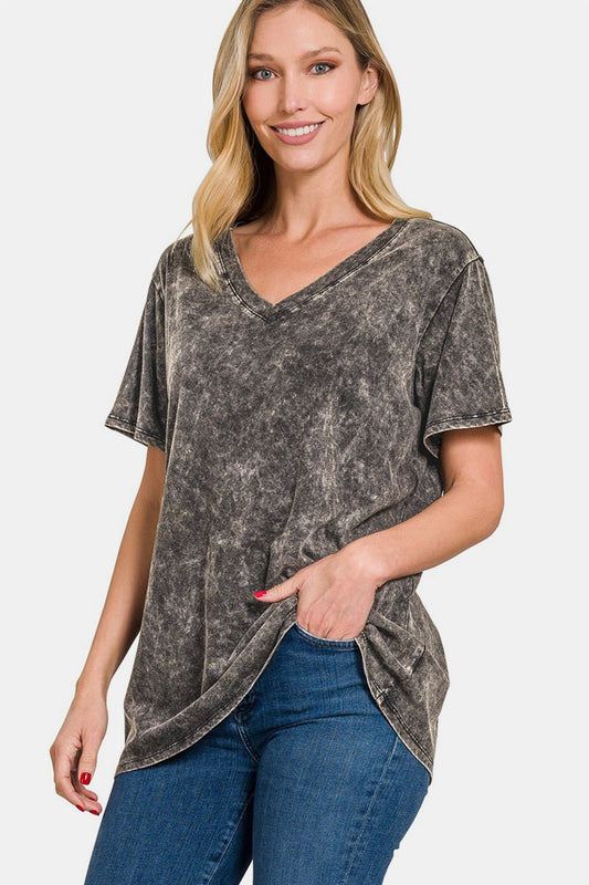 Zenana Full Size Washed Short Sleeve V-Neck T-Shirt - Mervyns