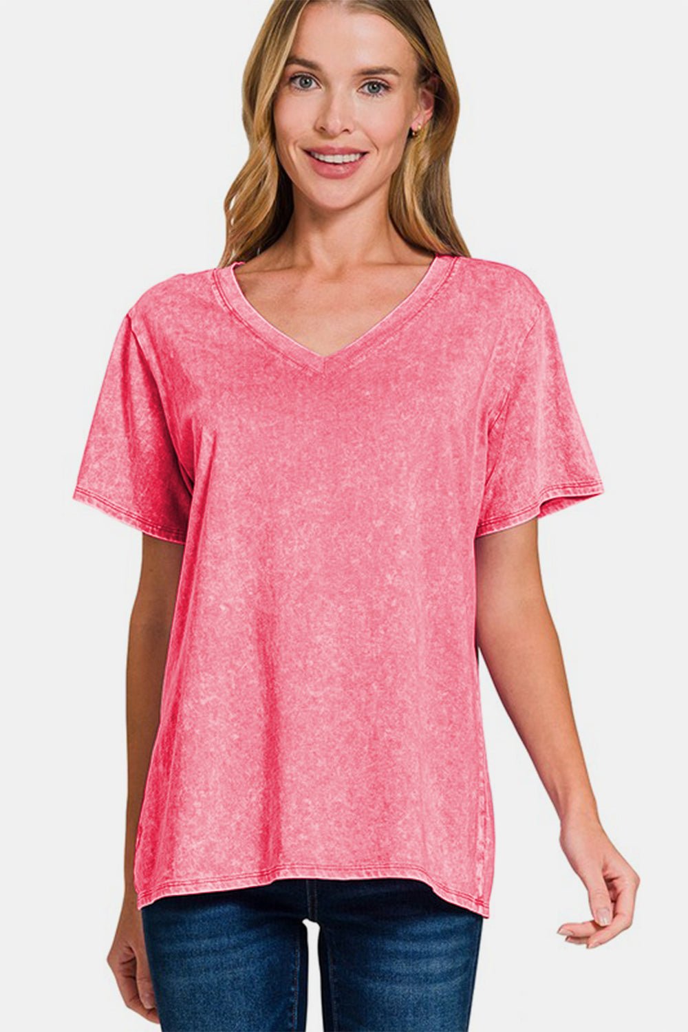 Zenana Full Size Washed Short Sleeve V-Neck T-Shirt - Mervyns