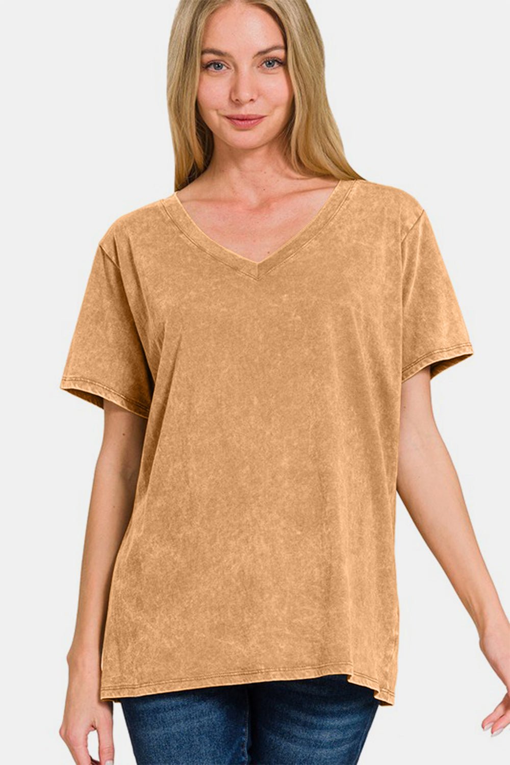 Zenana Full Size Washed Short Sleeve V-Neck T-Shirt - Mervyns