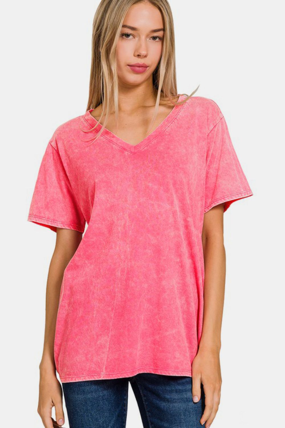 Zenana Full Size Washed Short Sleeve V-Neck T-Shirt - Mervyns