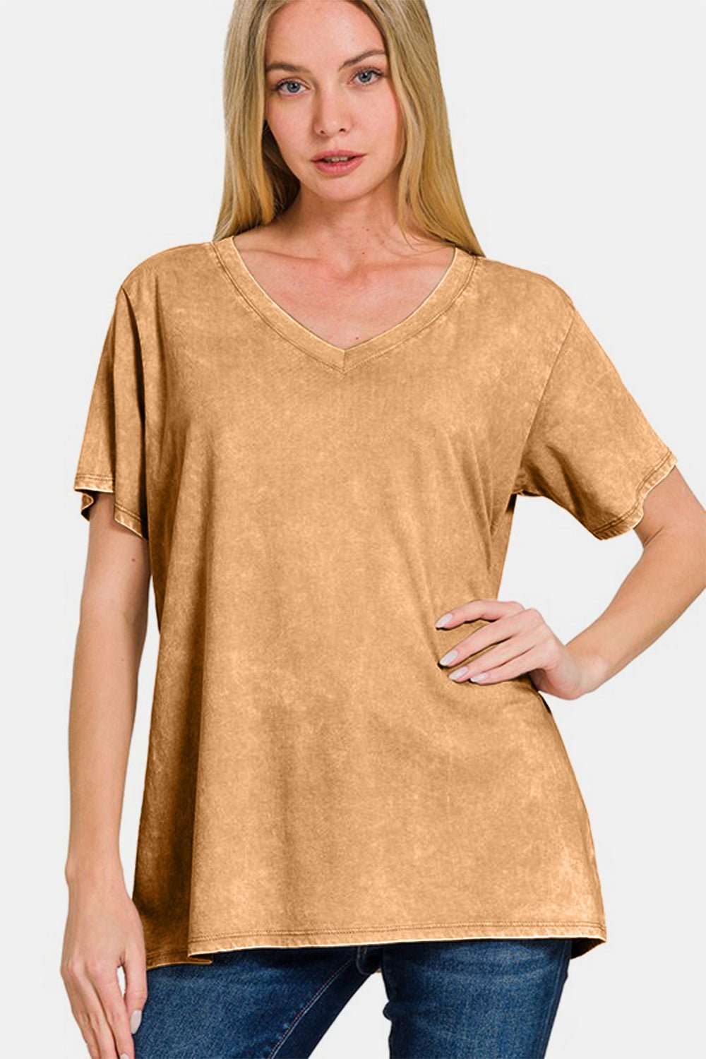 Zenana Full Size Washed Short Sleeve V-Neck T-Shirt - Mervyns
