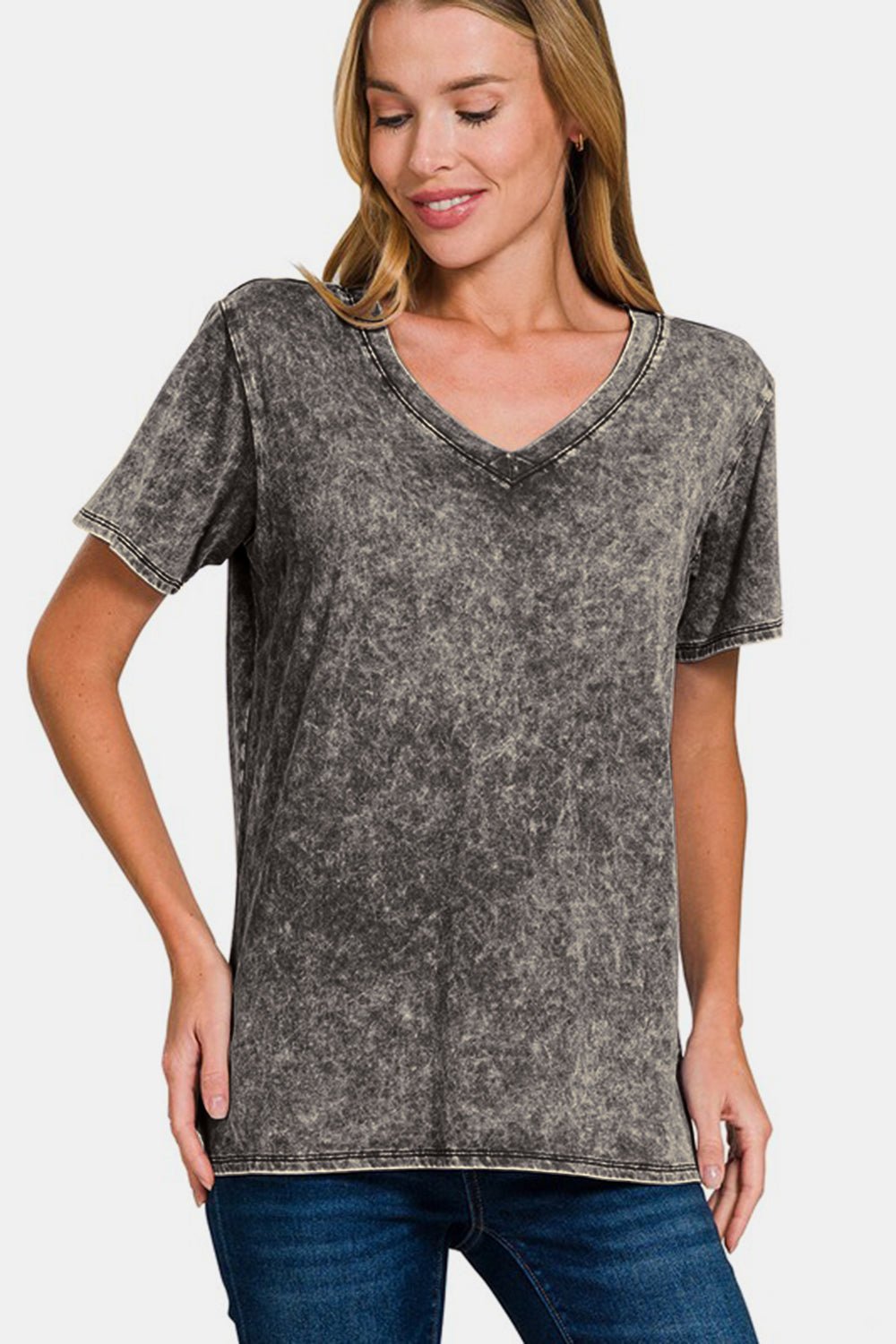 Zenana Full Size Washed Short Sleeve V-Neck T-Shirt - Mervyns
