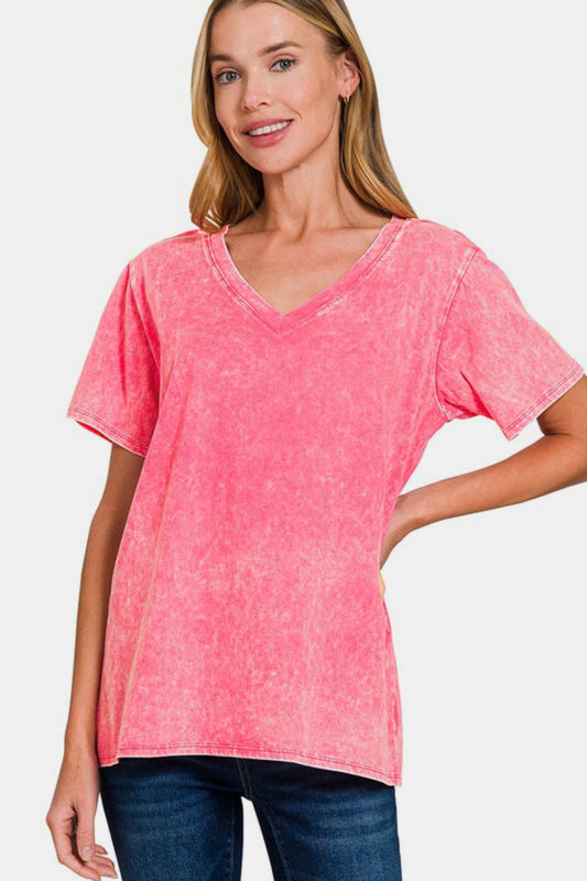 Zenana Full Size Washed Short Sleeve V-Neck T-Shirt - Mervyns