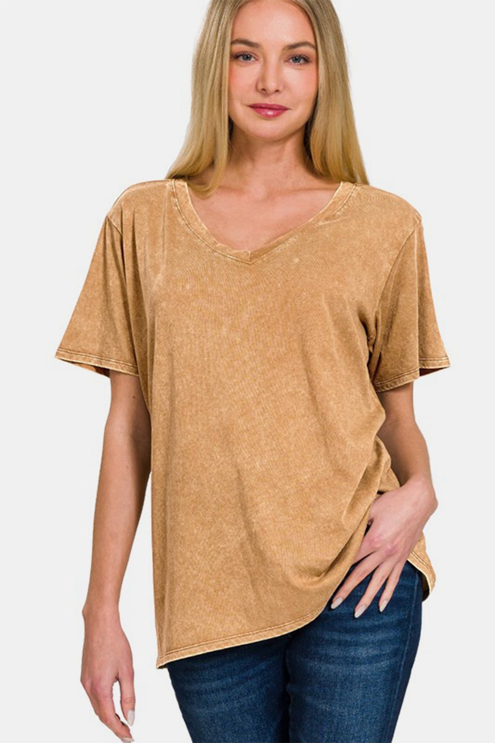 Zenana Full Size Washed Short Sleeve V-Neck T-Shirt - Mervyns