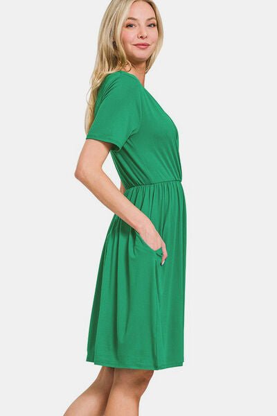 Zenana Surplice Short Sleeve Brushed DTY Dress - Mervyns